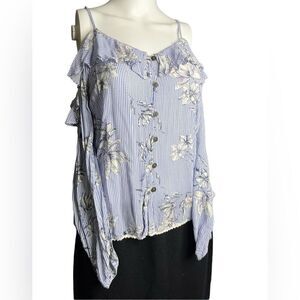 Jolt Striped Floral Cold Shoulder Long Sleeve Top Blue and White Size XS